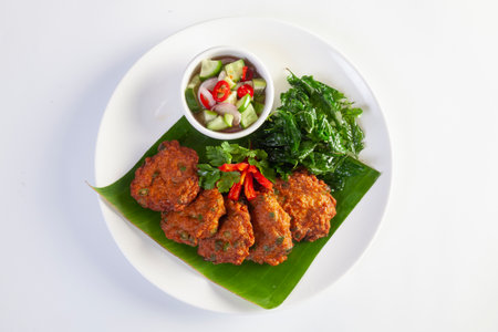 Thai Fish Cake Paste chili deep fried with herb and Crispy Thai Basil.の写真素材