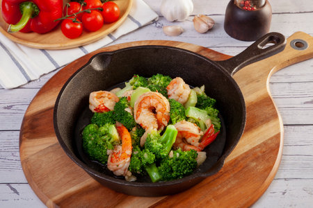 Stir-fry broccoli and shrimp in a pan, on the table.の写真素材