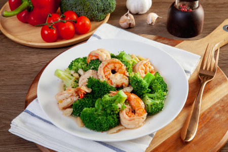 Stir fried broccoli and shrimp on the wooden floorの写真素材