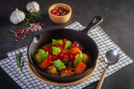 hot pan beef stew on the tableの写真素材