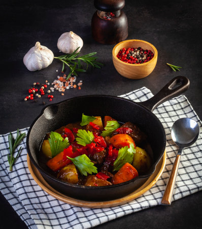 hot pan beef stew on the tableの写真素材