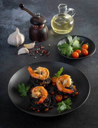 Squid ink spaghetti with shrimp on the tableの写真素材