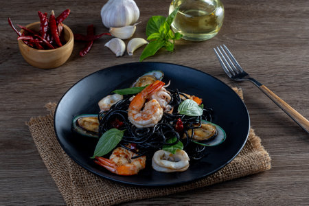 Spicy Seafood Squid Ink Spaghettiの写真素材