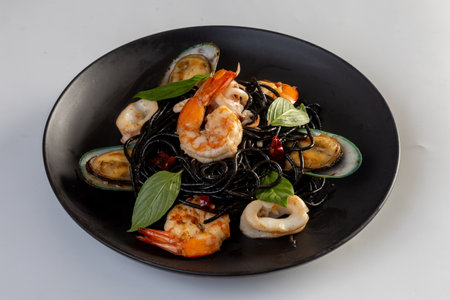 Spicy Seafood Squid Ink Spaghetti on white backgroundの写真素材
