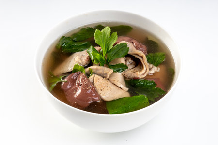 Pork Blood Soup In a white bowl on a white backgroundの写真素材