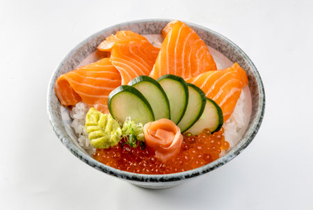 Salmon rice bowl isolated on white background (Donburi)の写真素材
