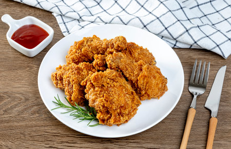 crispy fried chicken in a white plate with tomato sauce on wood tableの写真素材
