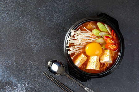 âKimchi Jjigaeâ or Kimchi Soup with Soft Tofu or Korean Kimchi Stew - Korean Food Traditional Styleの写真素材
