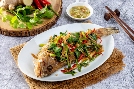 Deep Fried sea bass with sweet sauce and trimmings