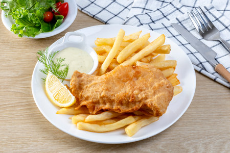 Fish and Chips: Classic British meal of crispy battered fishの写真素材
