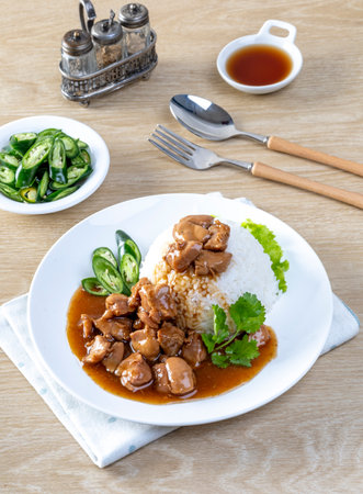 Chicken in brown sauce or gravy sauce with rice on a wooden table - Asian food styleの写真素材