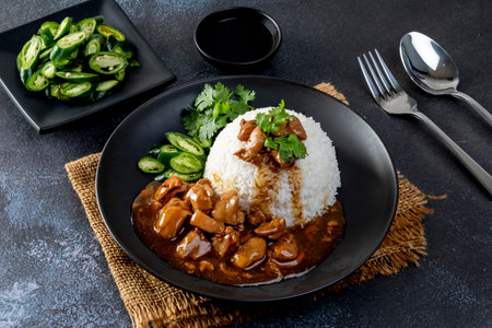 Chicken in brown sauce or gravy sauce with rice  on a black plate - Asian food styleの写真素材