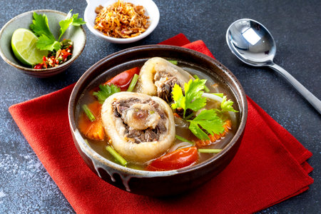 Delicious oxtail soup or buntut soup in a brown bowl on a black table.