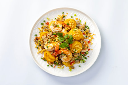 Salt and Chilli Crispy Tofu, shrimp, minced pork. on a white background.の写真素材
