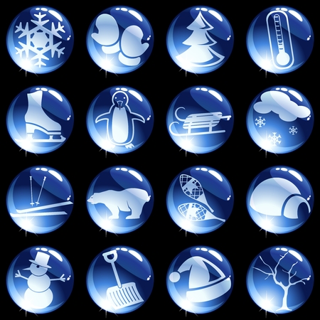 16 dark blue glass buttons with a winter theme. Graphics are grouped and in several layers for easy editing. The file can be scaled to any size.のイラスト素材