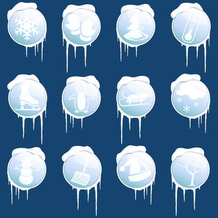 Collection of 12 round winter themed icons. Graphics are grouped and in several layers for easy editing. The file can be scaled to any size.のイラスト素材