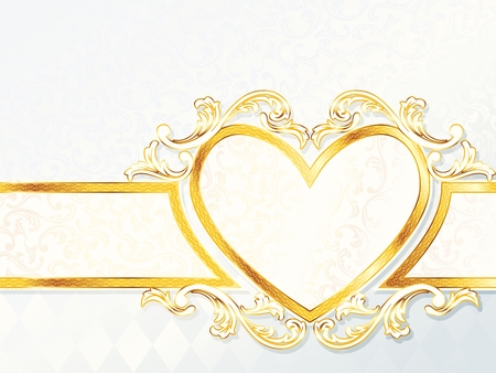 Elegant horizontal white and gold wedding banner with heart-emblem. Graphics are grouped and in several layers for easy editing. The file can be scaled to any size.のイラスト素材