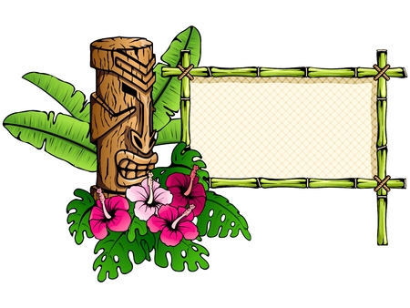 Colorful Hawaiian tropical banner with a tiki statue. Graphics are grouped and in several layers for easy editing. The file can be scaled to any size.のイラスト素材