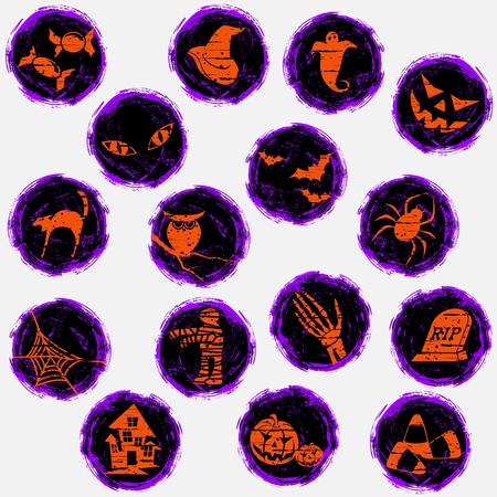 Collection of 16 grungy icons with a halloween theme. Graphics are grouped and in several layers for easy editing. The file can be scaled to any size.のイラスト素材