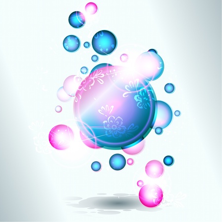 Abstract banner with shiny rising bubbles, on a light gray background. Graphics are grouped and in several layers for easy editing. The file can be scaled to any size.のイラスト素材