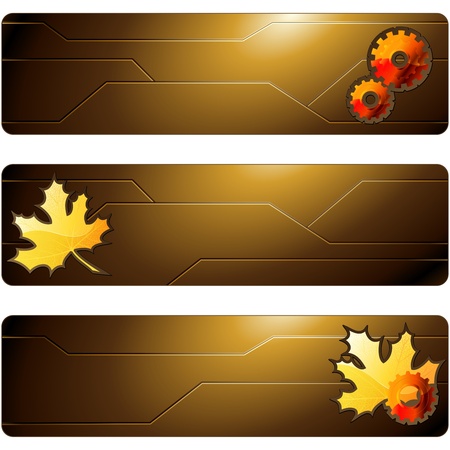 Sciency brown banners with leaves and gears. Graphics are grouped and in several layers for easy editing. The file can be scaled to any size.のイラスト素材
