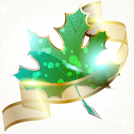Background a large glossy green leaf icon and a golden ribbon. Graphics are grouped and in several layers for easy editing. The file can be scaled to any size.のイラスト素材