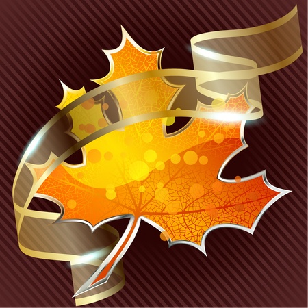 Background a large glossy red leaf icon and a golden ribbon. Graphics are grouped and in several layers for easy editing. The file can be scaled to any size.のイラスト素材