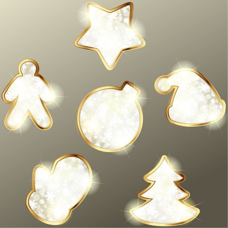 Collection of gold and beige wintry design elements. Graphics are grouped and in several layers for easy editing. The file can be scaled to any size.のイラスト素材