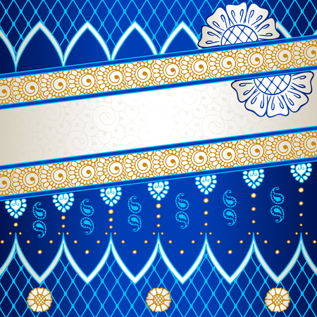 Banner in vibrant blue, orange, and gold; inspired by Indian henna tattoos  Graphics are grouped and in several layers for easy editing  The file can be scaled to any size のイラスト素材