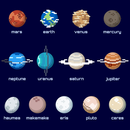 Set of planets, including dwarf planets, in a retro pixelated style. Graphics are grouped and in several layers for easy editing. The file can be scaled to any size.のイラスト素材