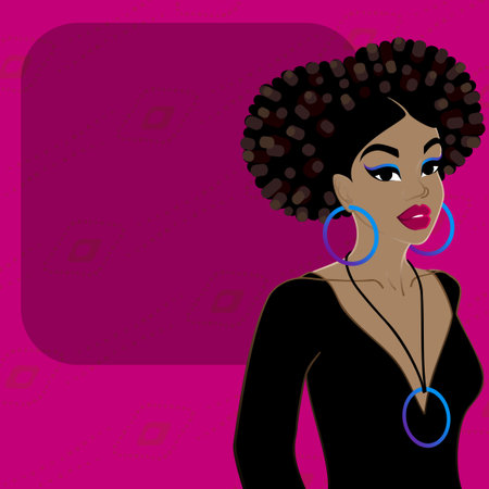 Illustration of a beautiful, dark-skinned woman with natural hair against a dark pink background. Graphics are grouped and in several layers for easy editing. The file can be scaled to any size.のイラスト素材