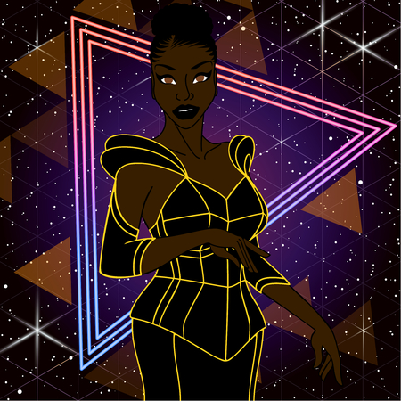 1980's style image with a black woman wearing a neon orange and black dress. Graphics are grouped and in several layers for easy editing. The file can be scaled to any size.のイラスト素材