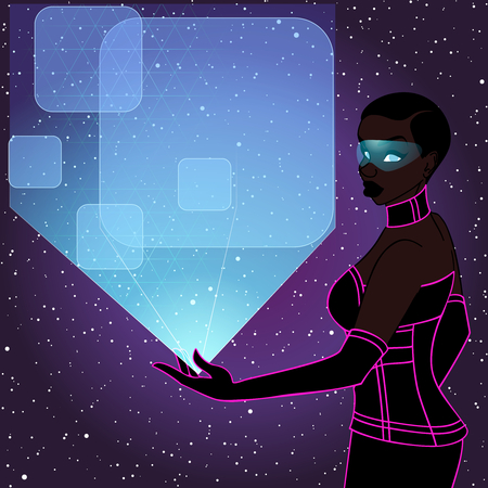 retrofuturistic image in red-purple tones of a black woman holding a holographic display. Graphics are grouped and in several layers for easy editing. The file can be scaled to any size.のイラスト素材