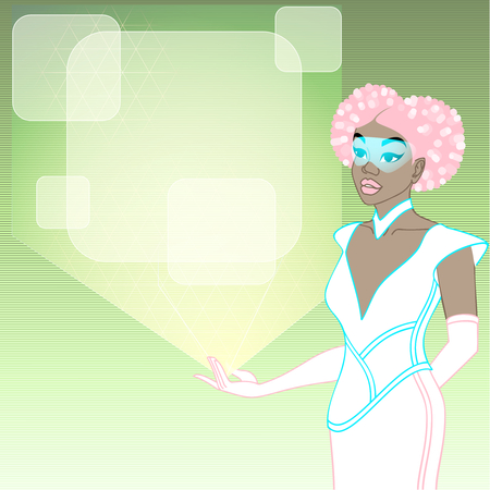 retrofuturistic image in pastel tones of a black woman holding a holographic display. Graphics are grouped and in several layers for easy editing. The file can be scaled to any size.のイラスト素材