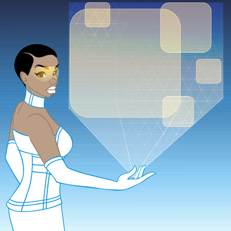 retrofuturistic image in blue  orange tones of a black woman holding a holographic display. Graphics are grouped and in several layers for easy editing. The file can be scaled to any size.のイラスト素材