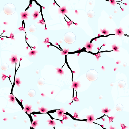 spring seamless pattern with cherry blossoms and soap bubbles. Graphics are grouped and in several layers for easy editing. The file can be scaled to any size.のイラスト素材