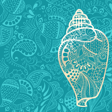 Vacation background with golden sea shell silhouette and henna tattoo inspired patterns. Graphics are grouped and in several layers for easy editing. The file can be scaled to any size.のイラスト素材