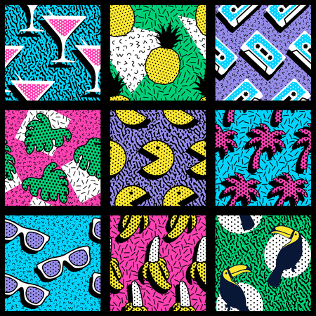 9 vibrantly colorful memphis style seamless patterns with retro 80's shapes.のイラスト素材