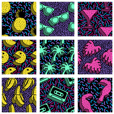 9 vibrantly colorful memphis style seamless patterns with retro 80's shapes.