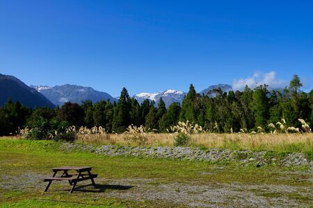 Picnic area viewing Mt. Cook and Mt. Tasmanの写真素材
