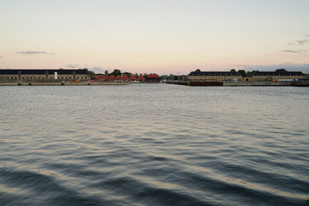 Copenhagen harbor buildings, view from 'Ofelia plads' before sunset