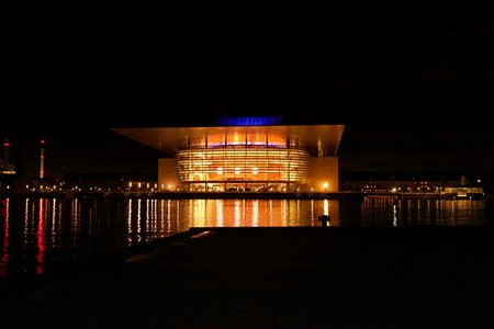 Copenhagen, Europe, opera building during night, dark sky and lights