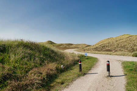 bike trail on gravel and dunes with grassland in Jutland, Denmarkの写真素材