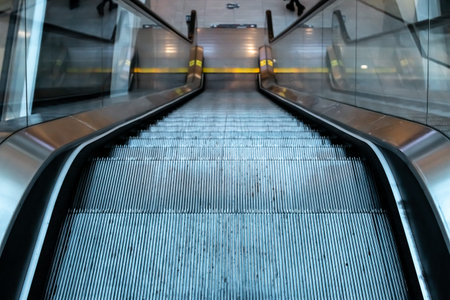 Shot of an escalator moving downwards, glass handrails, metal steps, descending. Shot at a shopping...