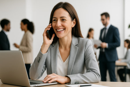 a smiling woman in a blazer uses a laptop and phone in an office with colleagues in the backgroundの素材