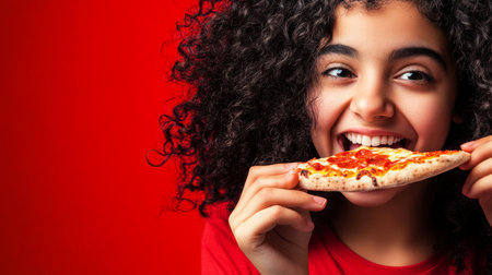 a young girl with curly hair smiles while holding a slice of pepperoni pizza against a vibrant crimson backdropの素材