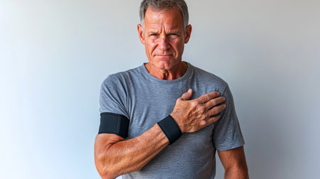 man in gray shirt with armbands holding his shoulder looking straight ahead against a plain light backdropの素材
