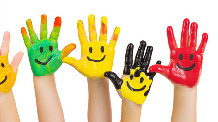 A vibrant display of painted hands, each adorned with a cheerful smiley face, raised against a clean backdrop.の素材