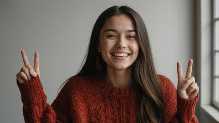 a smiling woman in a red sweater makes a peace sign with both hands in an indoor setting near a windowの素材