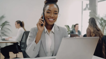 a smiling woman is talking on her mobile phone while at her desk with a laptop in an office settingの素材